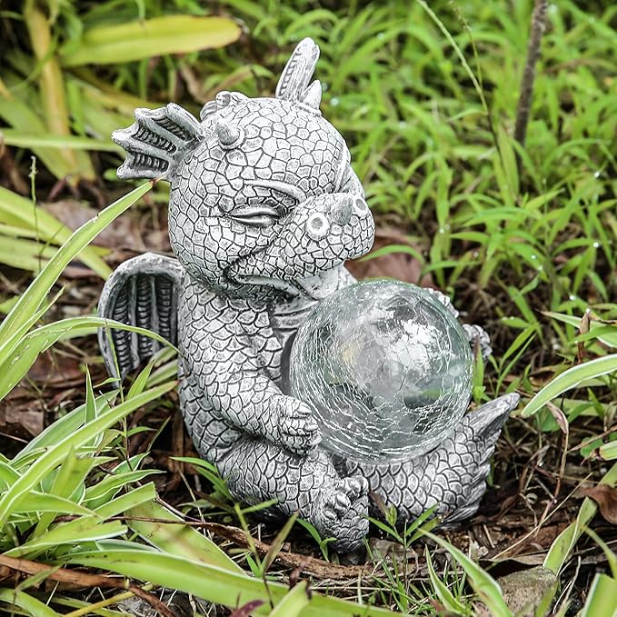 Garden Dragon Statue Solar Powered Outdoor Figurine Light Decor Cute and Hold Glowing Glass Ball Resin Sculpture Home Decoration for Porch Patio Lawn Farm Yard Housewarming Ornament Gift