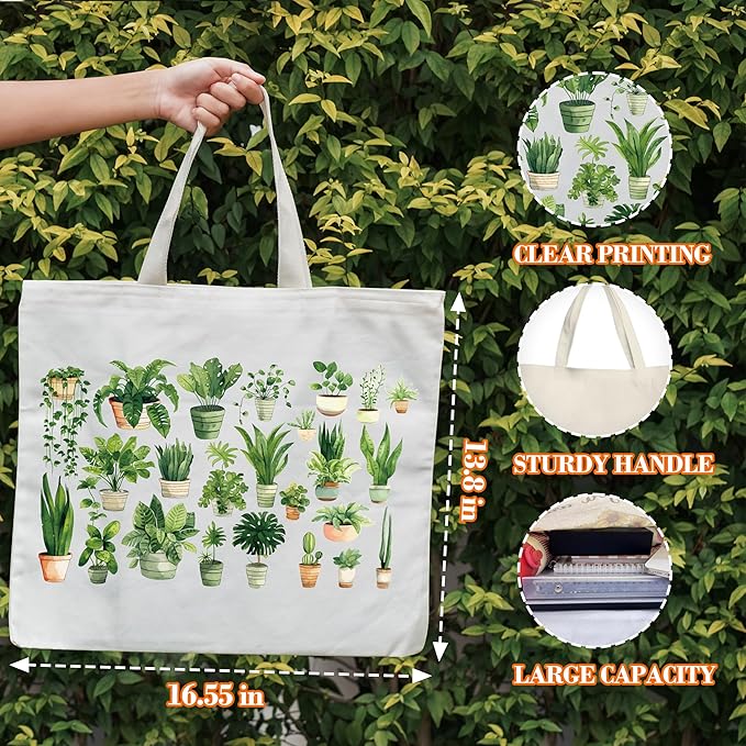 Plants Tote for Women, Vegan Canvas Tote, Plant Lover Gift Bag, Just One More Plant Library Book Bags, Plantaholic Shopping Bags, Botanical Shoulder Bag Gifts for Vegetarian Plant Lady -60