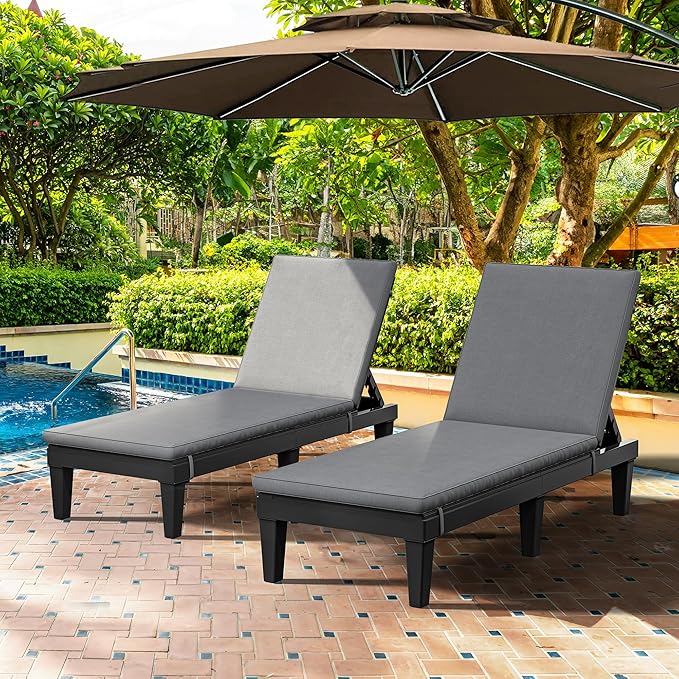 YITAHOME Outdoor Chaise Lounge Chair, Plastic Pool Chaise Lounge with Cushions & 5-Position Backrest, Easy Assembly & Waterproof for Patio & Poolside, Set of 2, Grey