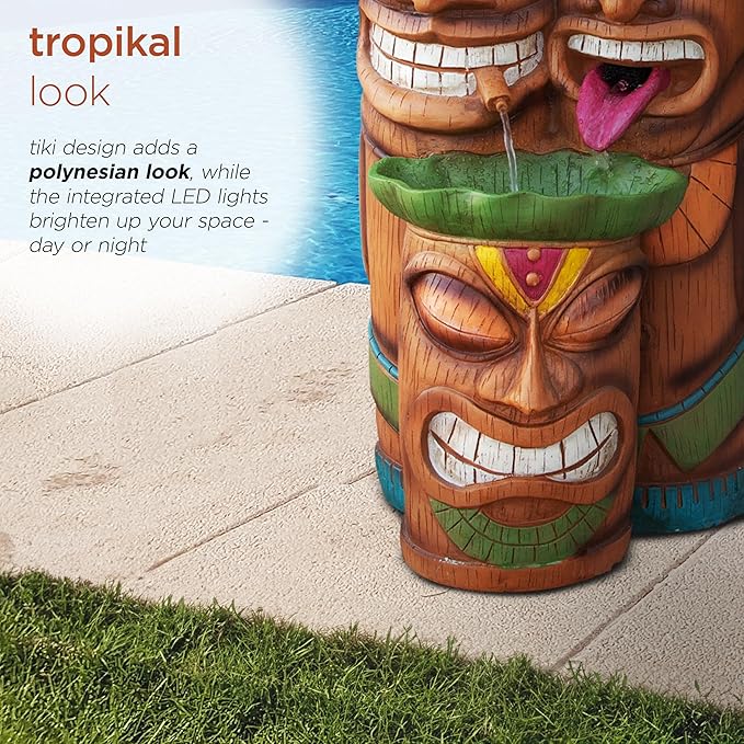 Alpine Corporation - 3-Tiered Colorful Tiki Head Water Fountain, Indoor/Outdoor Tropical Waterfall with LED Lights, for Garden, Patio, Yard, 35" H