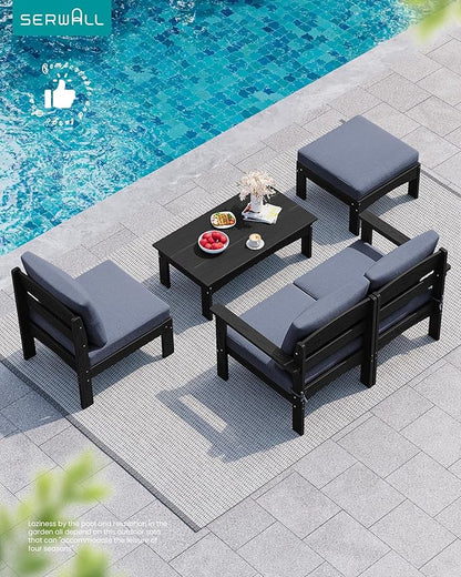 SERWALL HDPE Patio Loveseat Sofa, 2 Pieces Single Sofa, Weather-Resistant Outdoor Furniture Chair with Thick Removable Cushion, Balcony, Garden, Backyard, Poolside, Black Frame with Grey Cushion