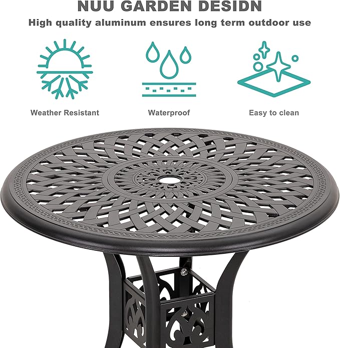 NUU GARDEN 3 Piece Outdoor Cast Aluminum Bistro Table Set Rustproof Table and Chairs with Umbrella Hole for Backyard, Balcony, Front Porch, Black