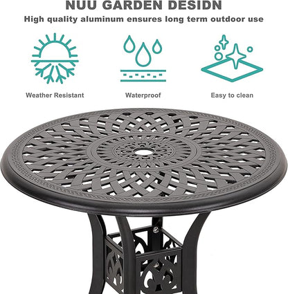 NUU GARDEN 3 Piece Outdoor Cast Aluminum Bistro Table Set Rustproof Table and Chairs with Umbrella Hole for Backyard, Balcony, Front Porch, Black