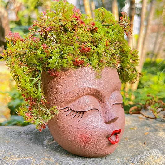 Cute Face Planter Pot Handmade Head Planter for Succulent Resin Flower Pots Kiss Face Plant Pots for Indoor and Outdoor Plants Brown 1Pack