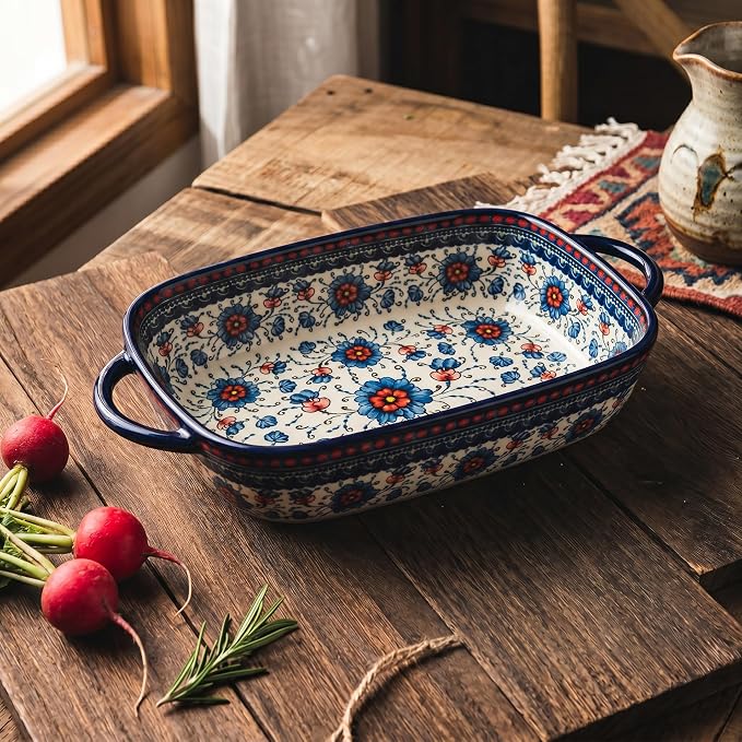 Ceramic Baking Dish with Handles, ceramic bakeware，Hand-painted Polish Pottery Baking Dish Set of 2,Baking Pan Lasagna Pan, Rectangular, Floral Pattern,baking tray Oven Safe 13.22x7.5x2.8 In (blue)