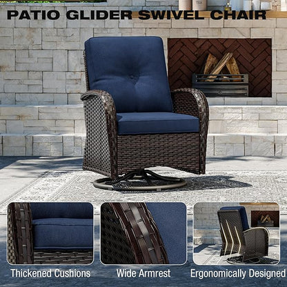 Joyside Outdoor Swivel Rocker Chairs, 3 Piece Wicker Patio Set with Thick Cushion and Side Table, Rattan Patio Swivel Rocking Chairs for Porch, Deck Use (Brown/Blue, 3 PCS)