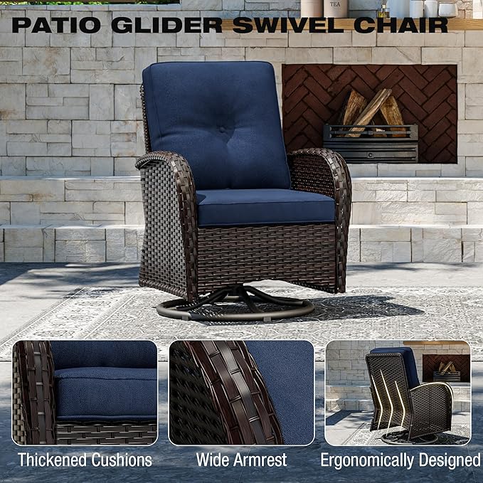 Joyside 5 Piece Patio Furniture Set, Outdoor Swivel Chair Sets with Thick Cushion and Ottoman, Wicker Patio Conversation Set for Porch, Deck Use (Brown/Blue, 5 PCS)