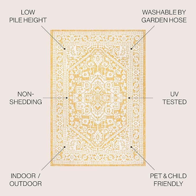 JONATHAN Y Medallion Weave Indoor Outdoor Round Area Rug 5 Ft Yellow/Cream, Sinjuri Textured for Backyard, Patio, Porch, Easy-Cleaning, High Traffic, Pet-Friendly, Non-Shedding (SMB101I-5R)