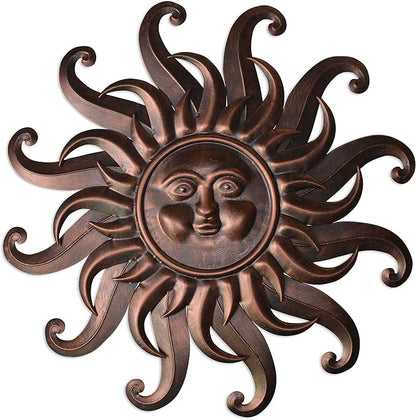 Comfy Hour 25" Bronze Metal Sun Face Wall Art, Antique Vintage Celestial Figurine Style Home Decor, Large Outdoor Garden Sculpture, Patio 3D Decor, Farmhouse Rustic,