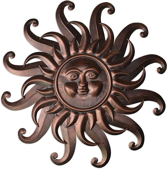 Comfy Hour 25" Bronze Metal Sun Face Wall Art, Antique Vintage Celestial Figurine Style Home Decor, Large Outdoor Garden Sculpture, Patio 3D Decor, Farmhouse Rustic,