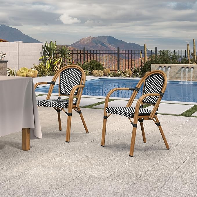 PURPLE LEAF French Bistro Chairs Set of 2 Aluminum Wicker Rattan Hand-Woven Armchairs Outdoor Dining Chairs for Patio Kitchen Garden Bamboo Print Finish Black White
