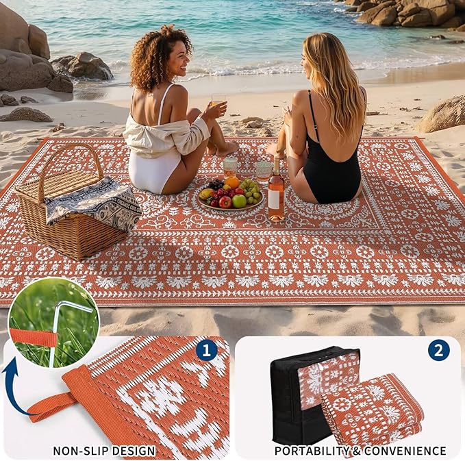 Garvee Reversible Outdoor Rug 5x8 for Patio, Waterproof Outdoor Area Rug, Boho Medallion Indoor Outdoor Carpet for Porch, Plastic Straw Rug for RV, Camping, Deck, Vintage Terracotta