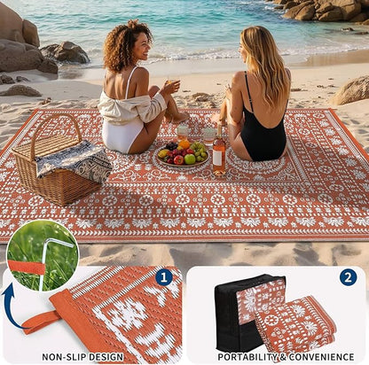 Garvee Reversible Outdoor Rug 5x8 for Patio, Waterproof Outdoor Area Rug, Boho Medallion Indoor Outdoor Carpet for Porch, Plastic Straw Rug for RV, Camping, Deck, Vintage Terracotta
