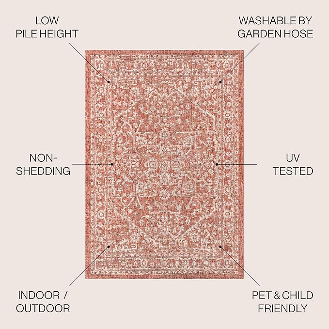 JONATHAN Y Boho Medallion Indoor Outdoor Area Rug 8X10 Red/Taupe, Malta Textured Weave for Backyard, Patio, Porch, Easy-Cleaning, High Traffic, Pet-Friendly, Non-Shedding (SMB104A-8)