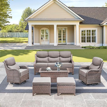 Luxury High Back Outdoor Furniture with 6-Inch Thick Cushions, Patio Furniture Set with Swivel Chairs, 6 PCS Wicker Conversation Set for Porch, Balcony, Deck and Yard