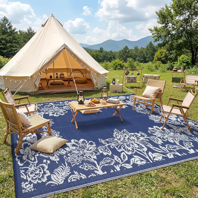 Garvee Outdoor Rugs 9' x 18’ Waterproof Reversible Mats, Large Area Plastic Straw Rug, Outside Carpet, Butterfly Floral Rv Mat for Patio Camping Picnic Backyard Deck Balcony Porch Beach Trailer