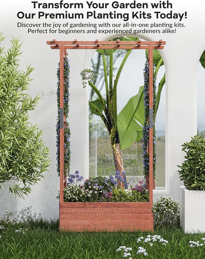GarveeLife Raised Garden Bed with Trellis, 45 in Wood Planter Box with Side Trellis, Hanging Roof, and 4 Drainage Holes, Freestanding Elevated Garden Bed for Climbing Plants, Vines, Flowers