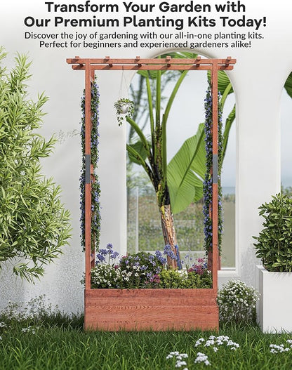 GarveeLife Raised Garden Bed with Trellis, 45 in Wood Planter Box with Side Trellis, Hanging Roof, and 4 Drainage Holes, Freestanding Elevated Garden Bed for Climbing Plants, Vines, Flowers