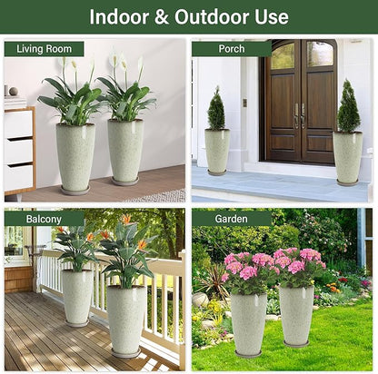 Neoaider Set of 2 Lightweight Ceramic-Look Tall Planter, 21 inch Large Plastic Planter with Drain Hole & Saucers, Large Outdoor Planters for Porch, Garden, Patio, Balcony(Drip Glaze)