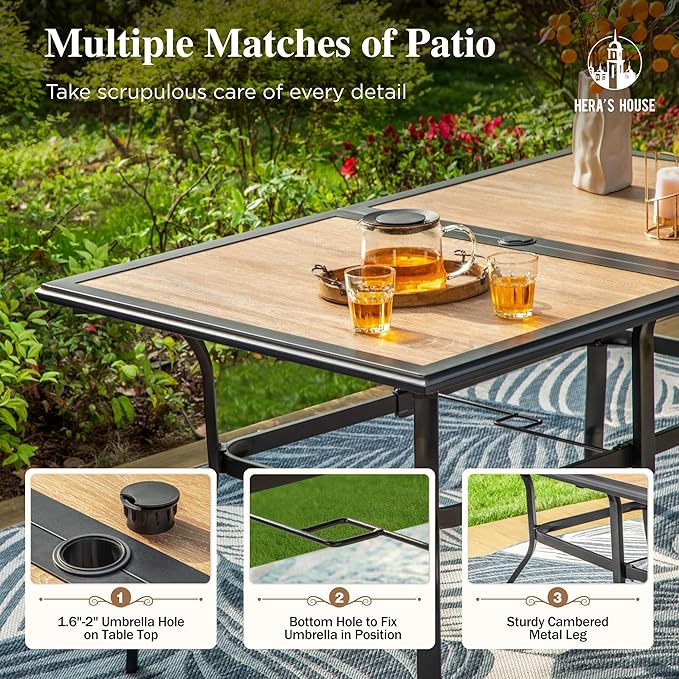 HERA'S HOUSE Patio Table and Chairs Set, 60" Rectangular Outdoor PVC Table with Umbrella Hole, 7 Pieces Outdoor Dining Furniture Sets with 6 Patio Chairs for Backyard Lawn Garden Porch(Blue)