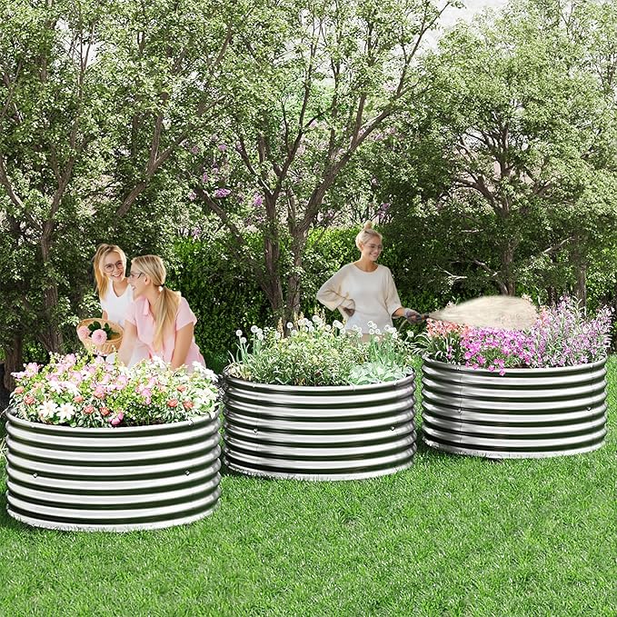 4 Pack Round Galvanized Raised Garden Bed Outdoor, Metal Garden Bed for Vegetables, Above Ground Garden Box for Flower, Steel Raised Beds for Gardening - 3FT
