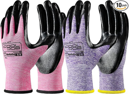 COOLJOB 10 Pairs Nitrile Dipped Rubber Coated Safety Work Gloves with Grip, Non-slip Bulk Gardening Roofing Gloves for Ladies Women, Oil-resistant Gear for Package Handler, Warehouse Worker, Large