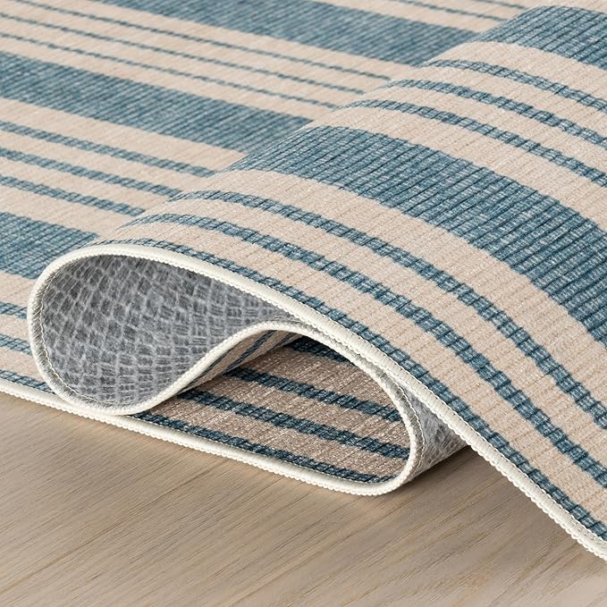 Dash & Albert Talos Blue Machine Washable Rug, 6 X 9 Feet, Blue/Ivory Stripe Pattern