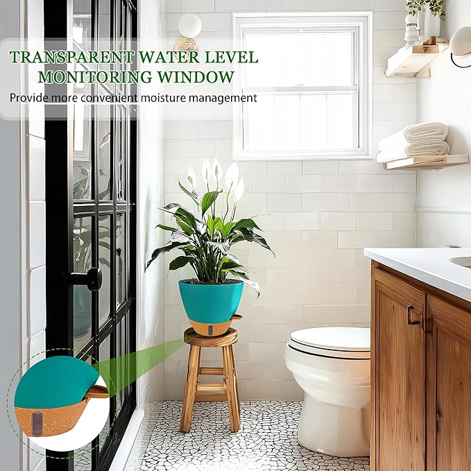 2 Pack 10 inch Plant Pots, Plastic Self Watering Planters with Drainage Holes, Deep Reservoir, Water Level Indicator, Modern Decorative Flower Pots for Indoor Outdoor Plants (Turquoise)