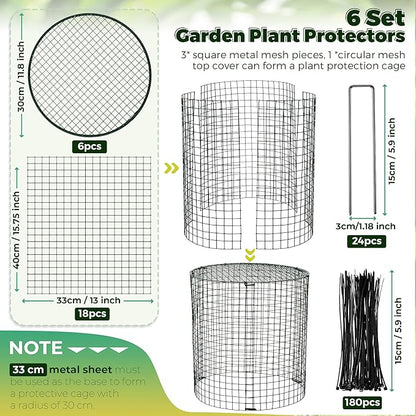 Hiboom 6 Set Garden Plant Protectors from Animals with Stakes, Metal Mesh and Detachable Covers Wire Plant Cage for Keeping Bunny Animals Out, Chicken Wire Cover Garden Protection (15.7x13)