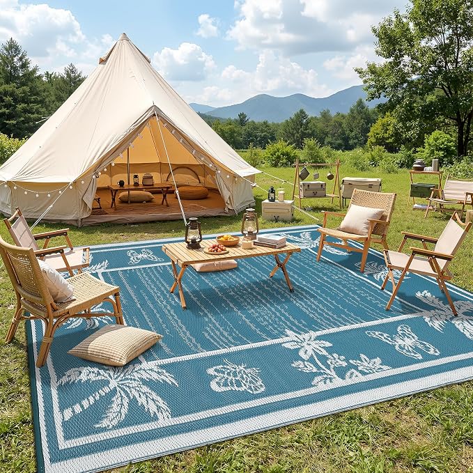 Garvee Outdoor Rug 9x12 Waterproof for Patios, Reversible Plastic Straw Rug, Tropical Leaf Indoor Outdoor Rugs, Large Area Rug for RV, Camping, Deck, Picnic Mat, Outside Carpet