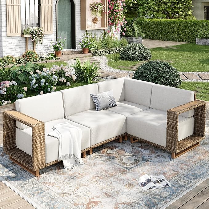 Outdoor Patio Furniture Set, 4 Piece Outdoor Rattan Wicker Modular Sofa Couch, Sectional Conversation Set with 10" Extra Thick Cushions for Deck Backyard Lawn