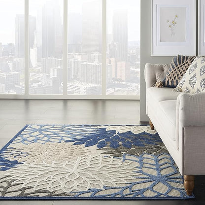 Nourison Aloha Indoor/Outdoor Blue/Multicolor 3'6" x 5'6" Area Rug, Tropical, Botanical, Easy Cleaning, Non Shedding, Bed Room, Living Room, Dining Room, Deck, Backyard, Patio (3x5)