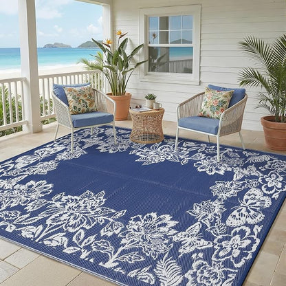 Garvee 5’x8’ Waterproof Patio Outdoor Rug, Outdoor Plastic Straw Rug for Camping, RV Mat Outside, Indoor Outdoor Carpet for Porch, Deck, Backyard, Balcony, Picnic, Navy & White
