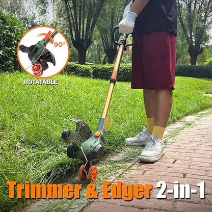 12-Inch String Trimmer Cordless,(2 x 21V 5.0Ah Batteries & Charger), Trimmer/Edger/Brush Cutter 3-in-1, Electric Weed Wacker with 2x2 Mowing Grass System, 3 Cutting Methods(WEG21A)