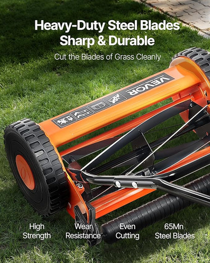 VEVOR Push Reel Lawn Mower 16 inch, 5 Blades Manual Push Mower No Motor, 0.6-1.75 in Adjustable Cutting Height, Walk-Behind Lawn Mowers with Grass Catcher Bag for Green Lawns, Driveways, Courtyards