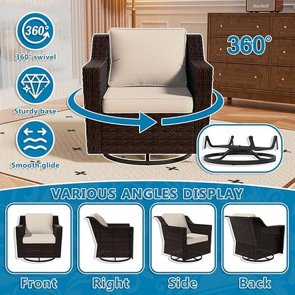Vista Vibe 5 Pieces Outdoor Rattan Patio Conversation Furniture Set - 360 Degree Swivel Glider Rocker Chairs | Coffee Table | 2 Wicker Ottomans, Premium & Washable Cushions, Terrace (Brown/Beige)