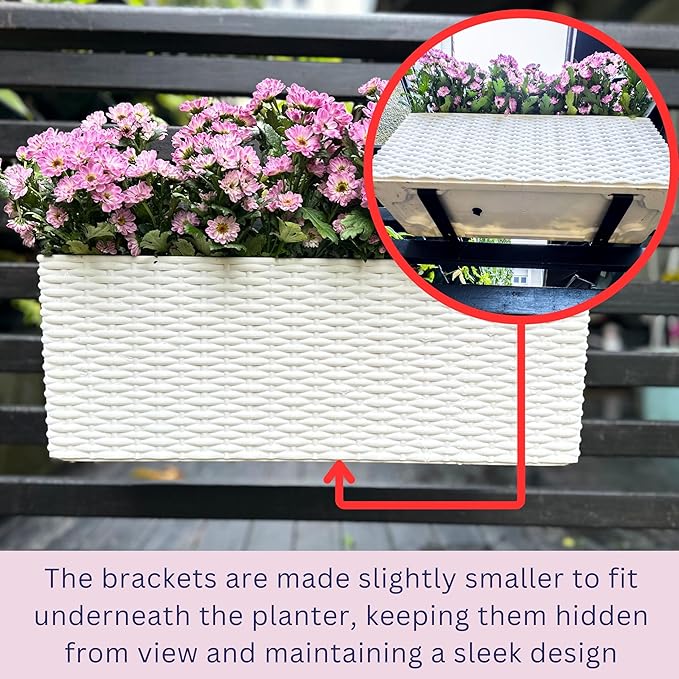 LaLaGreen Outdoor Rail Planter for Balcony (20 Inch, 2 Pack) Large White Self Watering Railing Planters with Brackets, Rectangular Plastic Fence Modern Window Boxes Designer Choice with Rattan Pattern