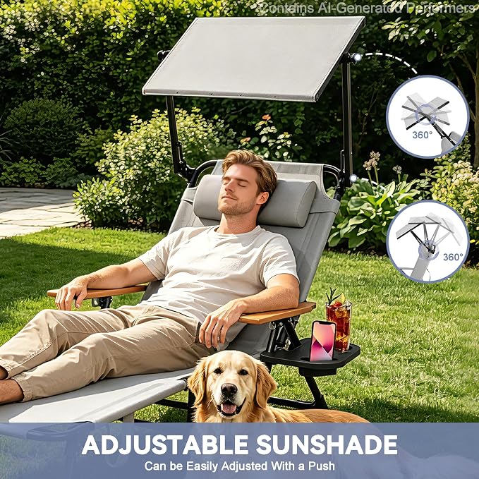 Beach Lounge Chairs with Armrests, 4-Position Folding Lounge Chairs for Outside, Sunbathing Portable Lounge Chaise, Tanning Chair Pillow & Cup Holder, for Outside Beach Pool (Grey)
