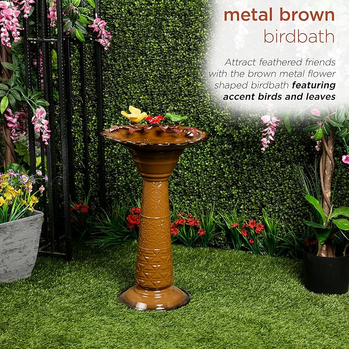 Alpine Corporation ORS112BR Vintage Outdoor Shallow Bowl Metal Pedestal Birdbath with Stand, 28" H, Brown