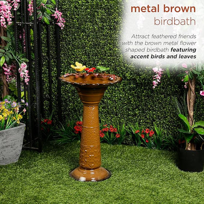Alpine Corporation ORS112BR Vintage Outdoor Shallow Bowl Metal Pedestal Birdbath with Stand, 28" H, Brown
