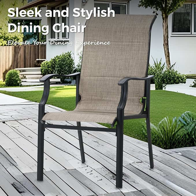 7 Pieces Patio Table and Chairs Set, 6 People Patio Dining Furniture Set, 6 Textilene Standard Chairs and Rectangular Metal Table with Umbrella Hole, for Deck Garden Backyard