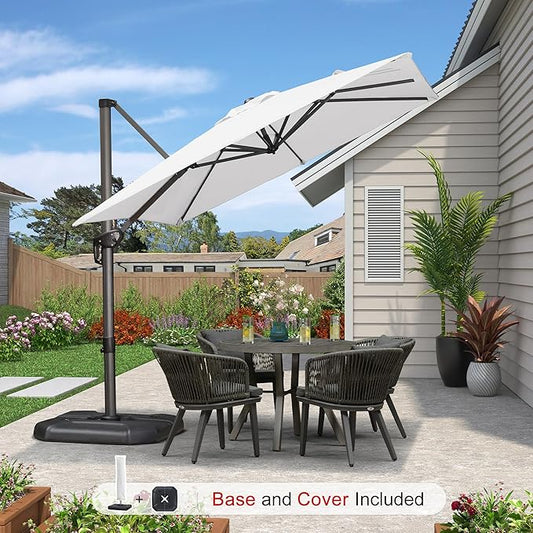 PURPLE LEAF 8'×8' Patio Cantilever Umbrella with Base Included Offset Outdoor Umbrella with cover Square umbrella outdoor patios for Backyard Pool Garden White