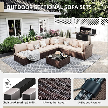 UPHA 10 Pieces Patio Furniture Sets Outdoor Sectional Sofa Wicker Conversation Couch with Bistro Swivel Chair for Decks, Backyards, Gardens, Brown Rattan, Beige Cushion