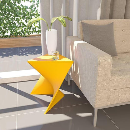 LeisureMod 15.75" Stackable Weather-Resistant Plastic Triangular Side Table - Accent End Table for Indoor & Outdoor Use (Yellow, Set of 4)