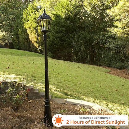 Gama Sonic Solar Outdoor Lamp Post Light, Black Cast Aluminum and Beveled Glass Panels, 10-Year Royal Bulb, Warm White LED with Omni-Direction Reflector, 87-inch Height, 98B001 (Upgraded Panel)