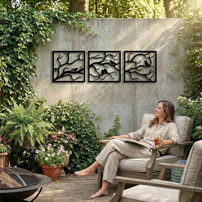 Metal Wall Art, Birds on Branch 3 Pieces, Tree Wall Art, Tree Sign, Wall Decor, Interior and Outdoor Decoration, 3 Panels Wall Hangings (40"W x 13"H / 102x33cm)