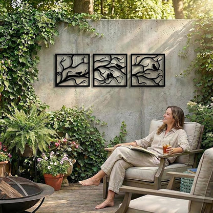 Metal Wall Art, Birds on Branch 3 Pieces, Tree Wall Art, Tree Sign, Wall Decor, Interior and Outdoor Decoration, 3 Panels Wall Hangings (40"W x 13"H / 102x33cm)