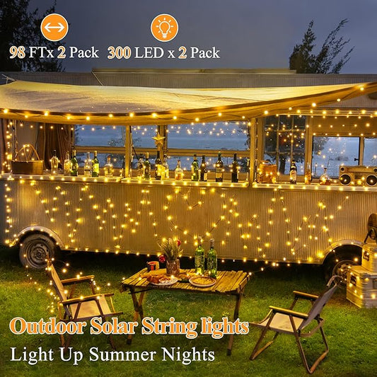 2 Pack Solar String Lights Total 600LED 197FT, IP67 Waterproof Solar Lights for Outside with 8 Modes, Fairy Lights for Patio Garden Party Wedding Yard Camping Decorations (Warm White)