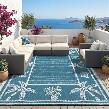 Garvee Outdoor Rug 8x10 Waterproof for Patios, Reversible Plastic Straw Rug, Tropical Leaf Indoor Outdoor Rugs, Large Area Rug for RV, Camping, Deck, Picnic Mat, Outside Carpet, Blue/White
