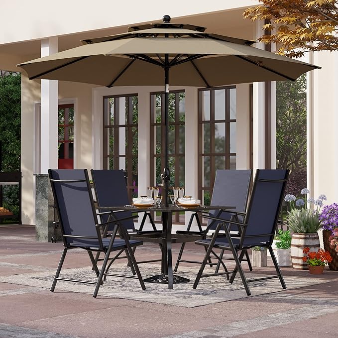PHI VILLA 5 Pcs Outdoor Patio Dining Set with 10 Ft Umbrella(Beige), Patio Table and Chairs Set for 4 with Folding Patio Chairs (Blue) & Square Metal Outdoor Dining Table for Yard, Lawn and Outside